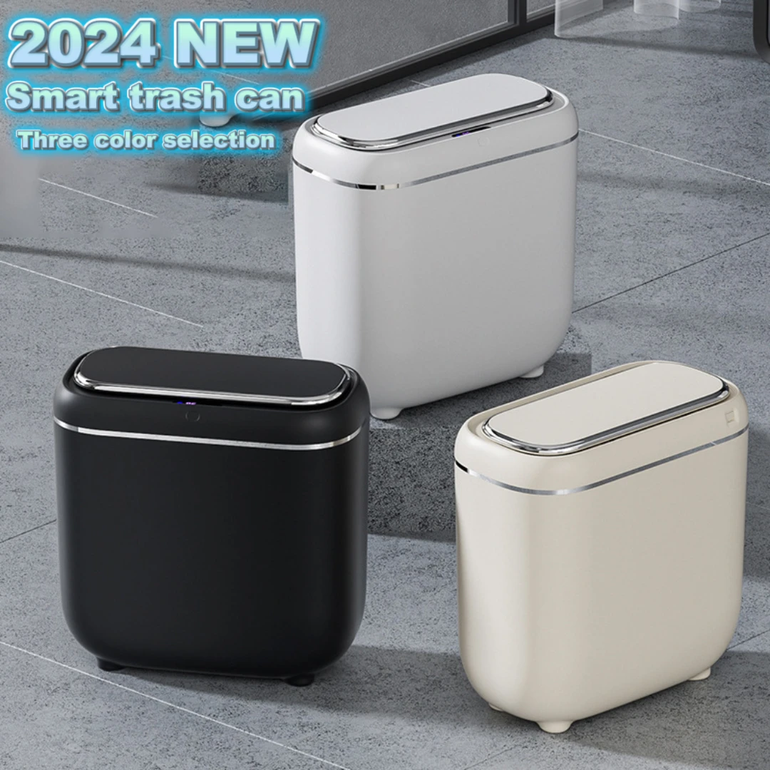 Bathroom Trash Can with Lid,14L Automatic Touchless Garbage Can, Smart Motion Sensor, Slim Plastic Trash Bin for Bedroom, Office