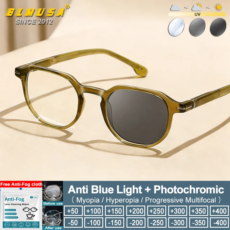 BLMUSA (S) Classic Anti Blue Light Polygonal Frame Reading Glasses Fashion Men Acetate Myopia Photochromic Prescription Eyeware