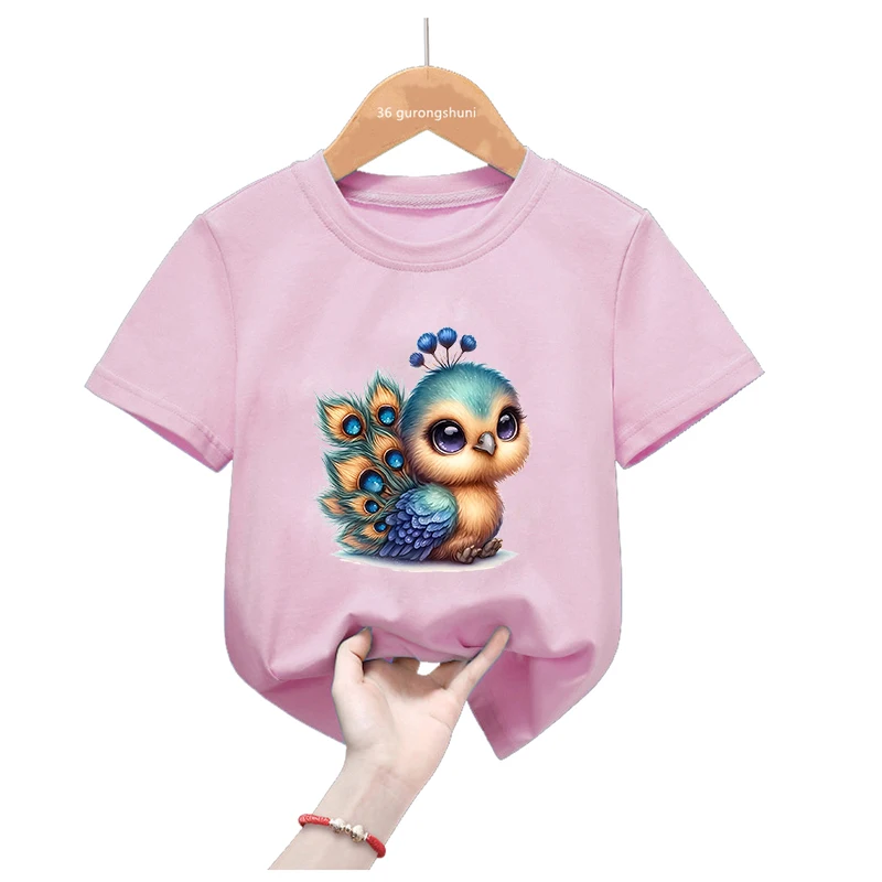 Watercolor Adorable Peacock Love Balloon Printed T Shirt Girls/Boys Funny Kawaii Kids Clothes Summer Short Sleeve T-Shirt