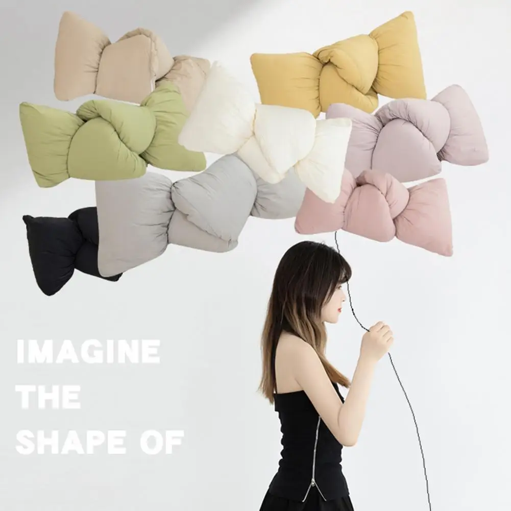 Cotton Wrinkle Pillowcase Knotted Bow Shape Pillow Cushion Soft Touch Solid Color Decorative Cushion Padded Bedroom Room Car
