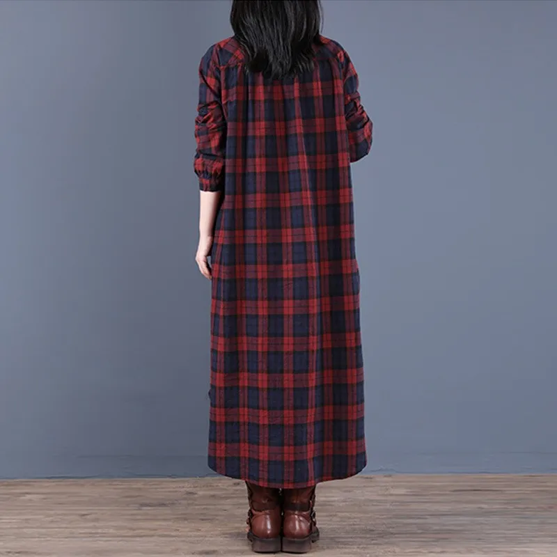 2024 Autumn Women's Korean Edition Loose Splicing Grid Cotton Hemp Collar Long Sleeve Medium length Shirt Dress for Women