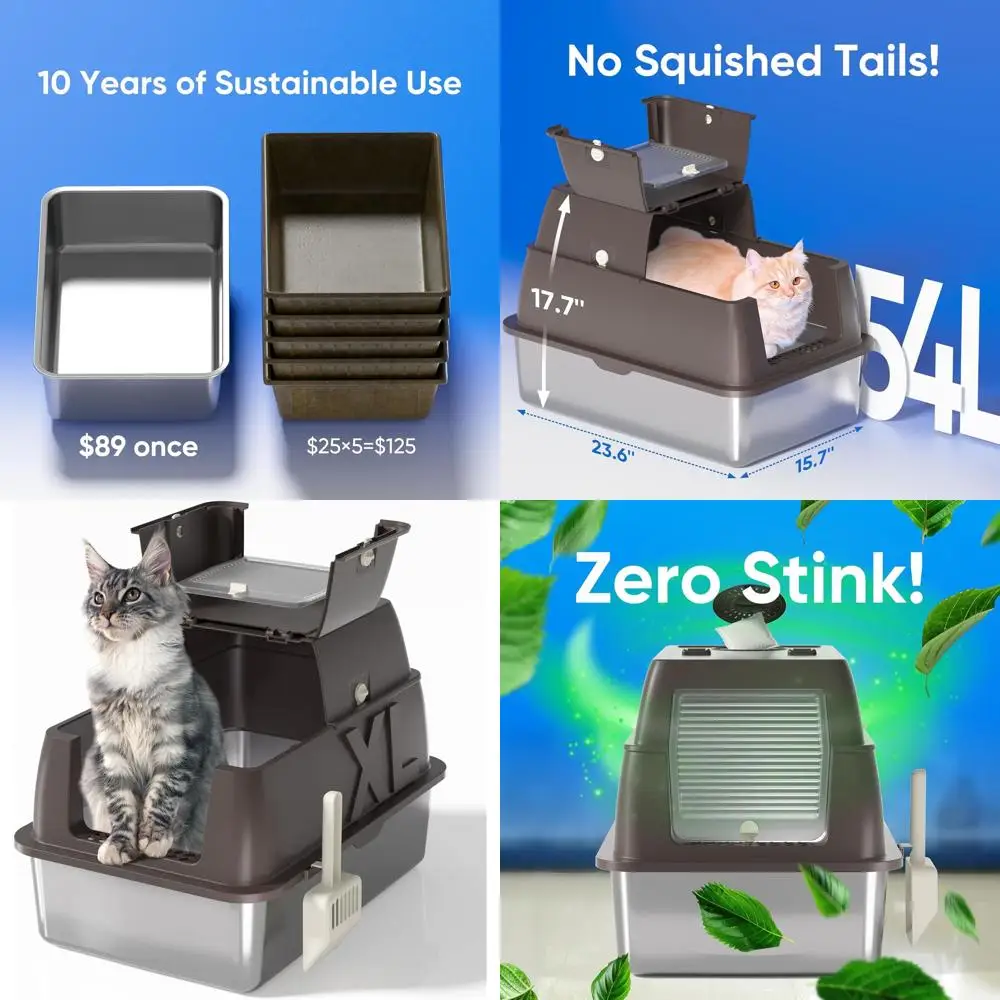 

Extra Large 24 L x 16 W x 18 H Stainless Steel Cat Litter Box with Lid for Big Cats, 180° Lip-Top, Odor-Free & Anti-Leak, Includ