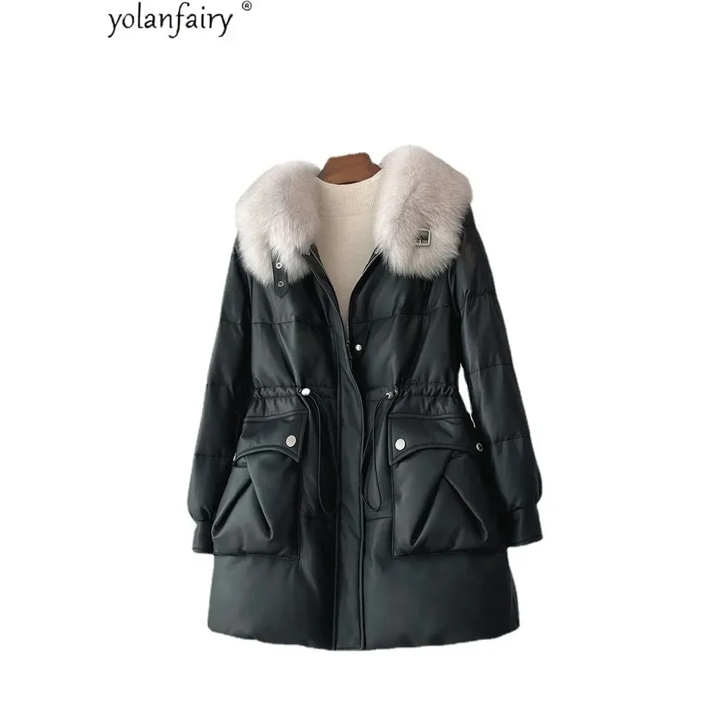 

YOLANFAIRY, новая зимняя женская куртка-пуховик из натуральной кожи, свободная кожаная дубленка с воротником из лисьего меха, куртки Doudoune Femme
