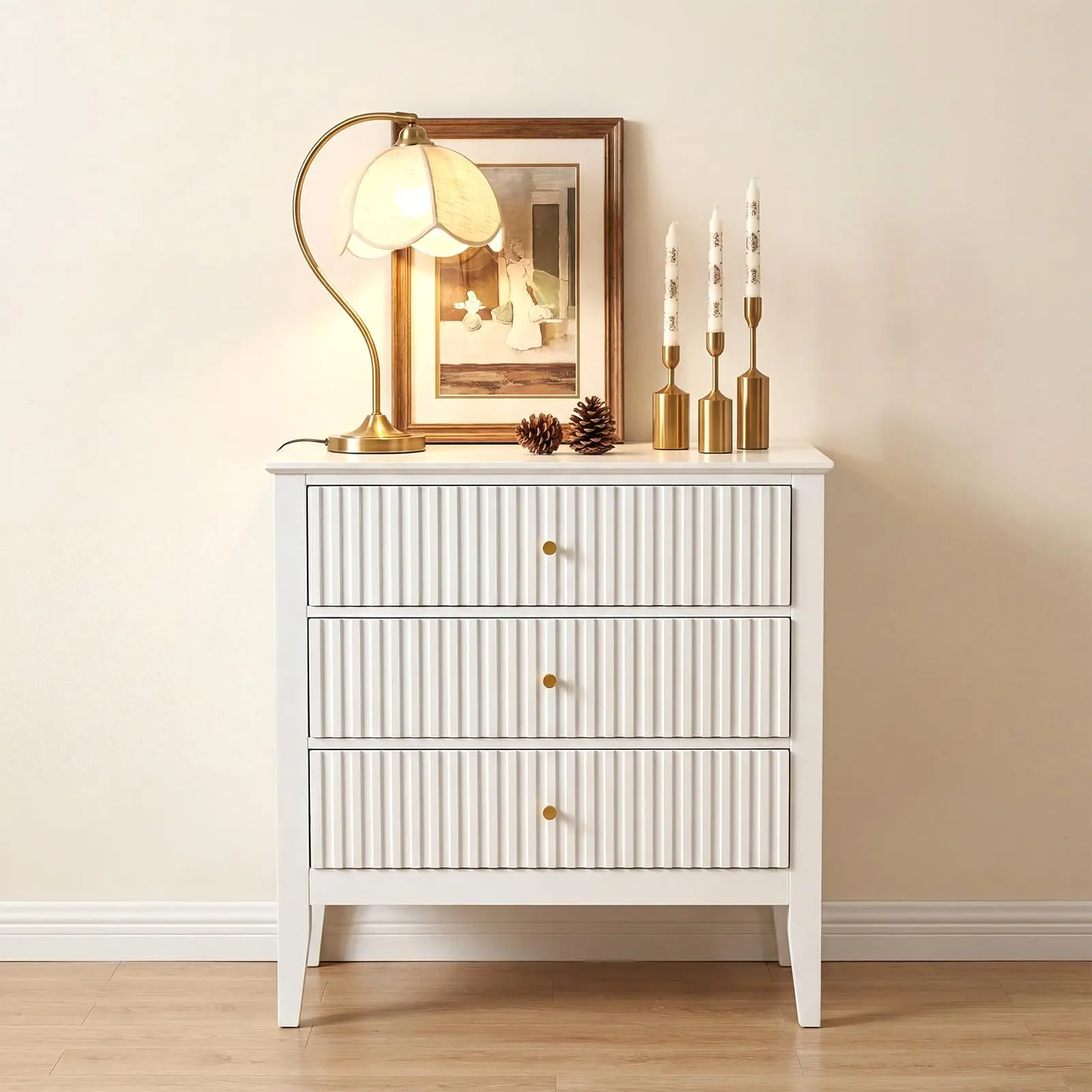 31.5 Inch Fluted Nightstand With Charging Station, 3 Drawer Bedside Table Raised Leg Storage Cabinet For Bedroom Living Room Home