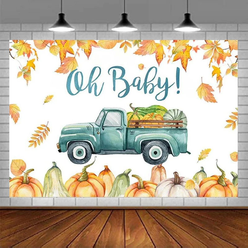 Oh Baby Photography Backdrop For Baby Shower Blue Autumn Maple Leaves Harvest Truck It's A Boy Background Fall Party Decor