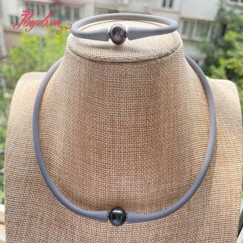 10mm Round Black Freshwater Pearl Blue Gray Black Silicone Sport Casual Waterproof Jewelry Long Yoga Necklace Bracelet 1 Set