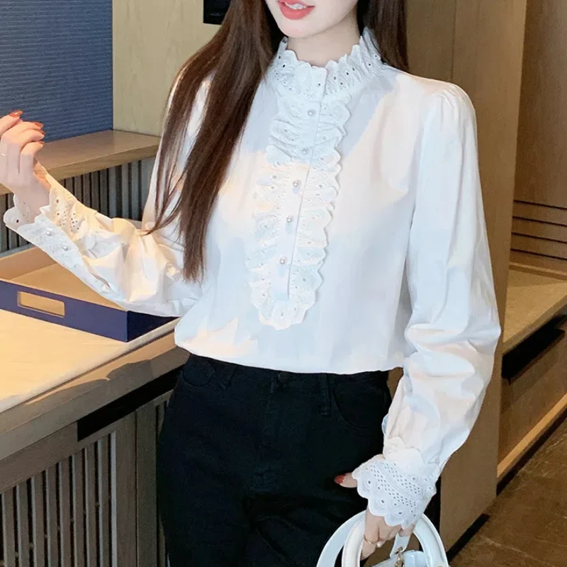 2025 New Spring Summer Women Shirts Korean Style Fashion Hook Flower Hollow Out Stand Collar Long Sleeve Blouses Ladies White Sh