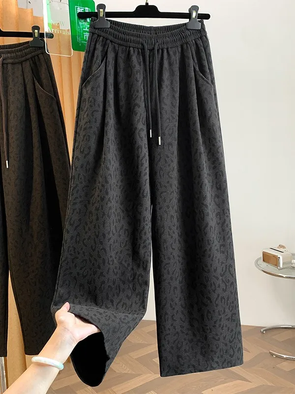 Stunning Floral Embroidery Leopard Print High Waist Wide Leg Pants Women's Autumn Winter Loose Fit Casual Long Trousers