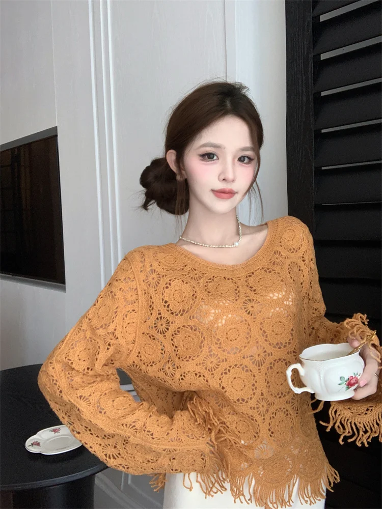 2024 New Autumn Elegant High-end Advanced Hollow Loose Slimming Knitted Long-sleeved Niche Design Sense Blouse for Women