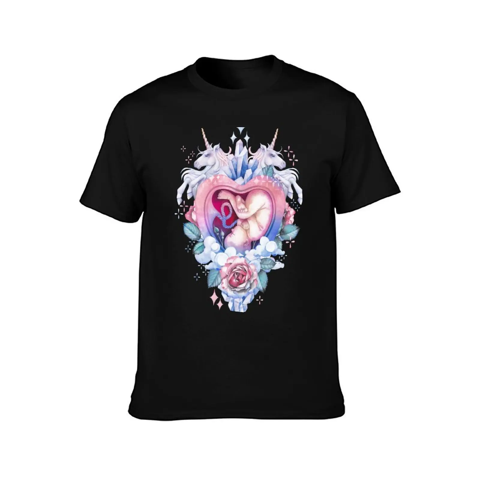 Watercolor embryo inside the womb with fantasy decorations T-Shirt, Summer Casual Cotton Tee, Oversized Streetwear Tops