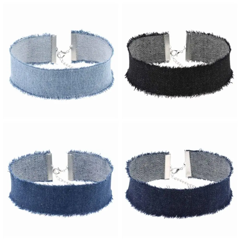 Punk Harajuku Retro Denim Choker Edge Grinding Wide Band Hip Hop Fashion Collar Metal Clasp Adjustable Chain Clavicle Chain