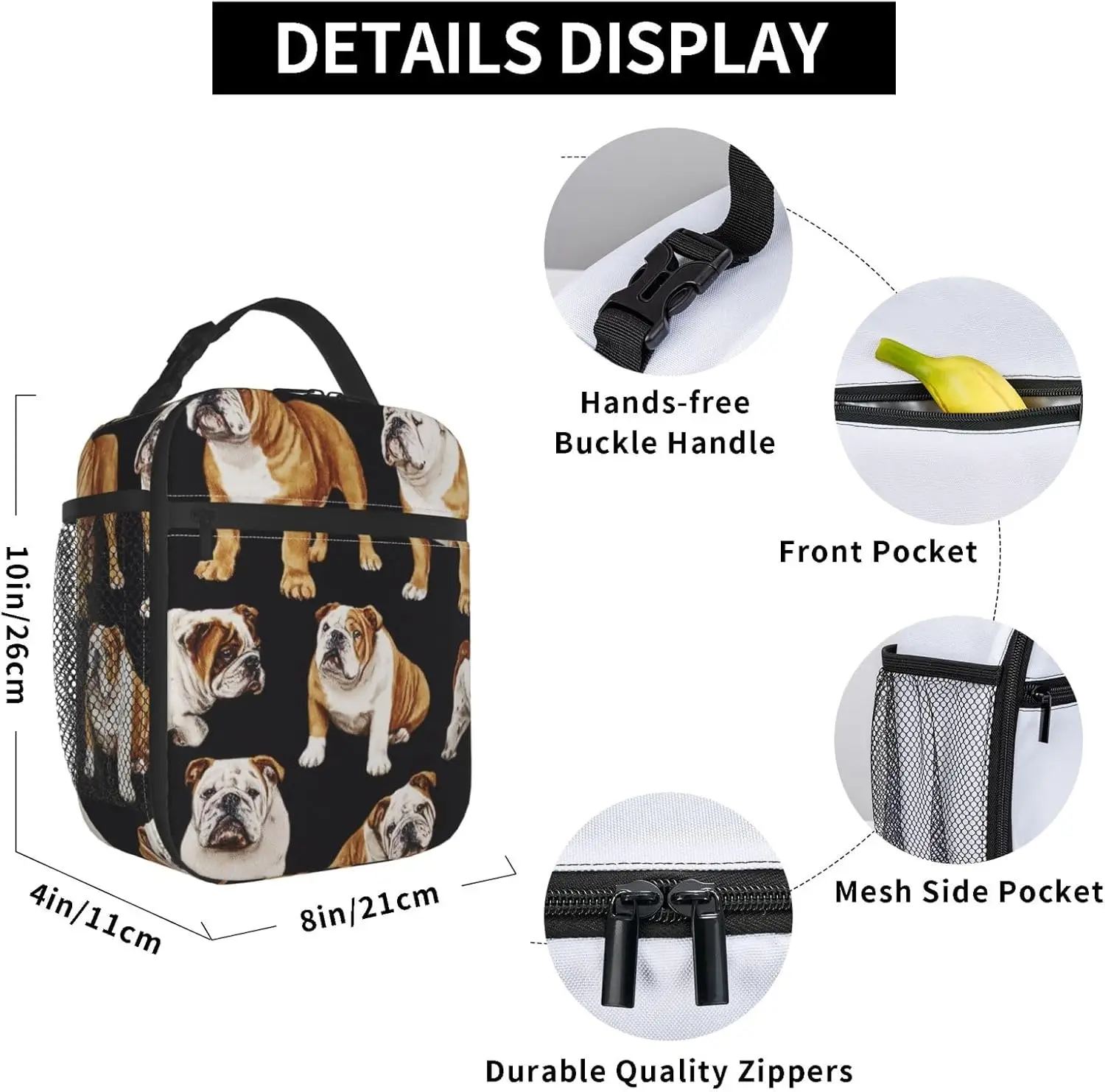 English Bulldogs Lunch Bag, Insulated Lunch Box for Women Adult,Tote Bag for Picnic Office Travel Beach or Hiking