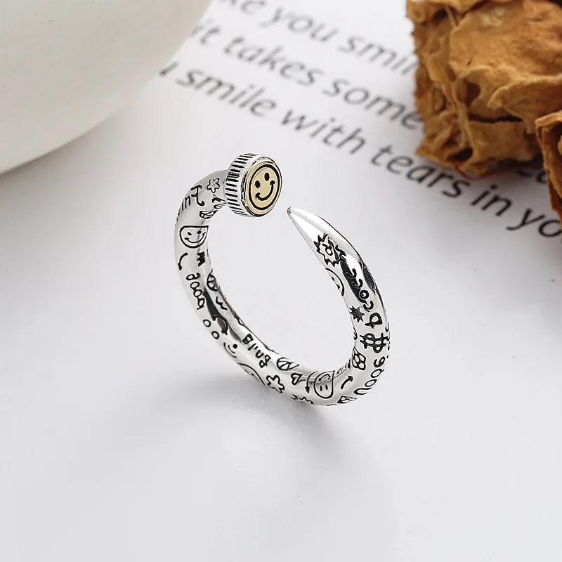 

Ins Style S925 Silver Smiling Graffiti Design Open Rings for Women