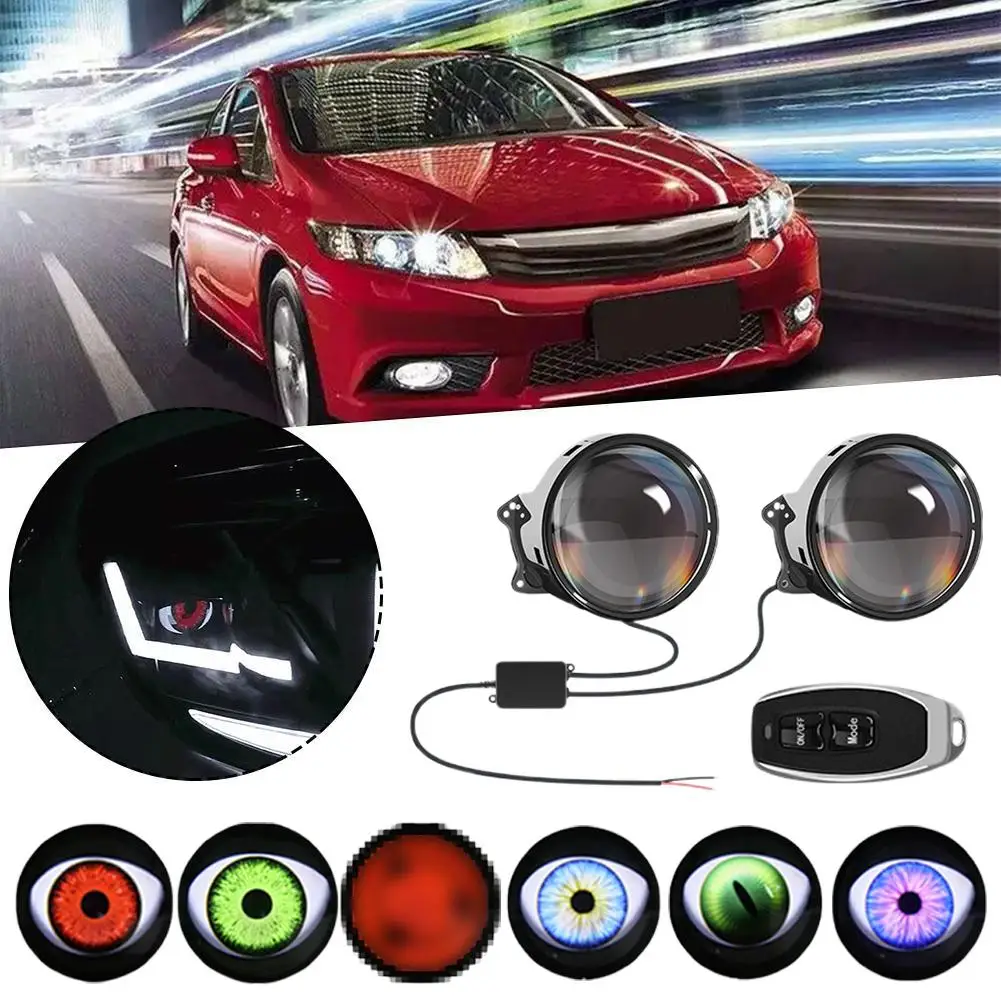 12-36V 3 Inch Dynamic Devil Eyes LED Car Lights Convex Remote Lens Retrofit Auto Headlight Decoration Assembly Tools Contro V5B5
