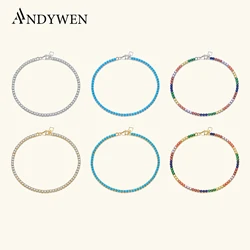 ANDYWEN 925 Sterling Silver 2mm Tennis Turquoise Zircon CZ Bracelet 6.67 Inch Women Summer Cubic Zirconia Round Briliant Jewelry