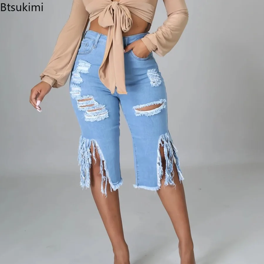 Women's Summer Knee Length Jeans Denim Washed Tassel Ripped High Waist Holes Pants for Women Spliced Streetwear Skinny Trousers