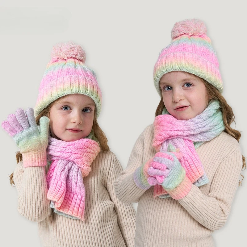 Children Gradient Knitted Hat Scarf Gloves 3Pcs Set Neck Warmer Rainbow Colorful Cap Glove Thermal Three-Piece Set Winter Kids