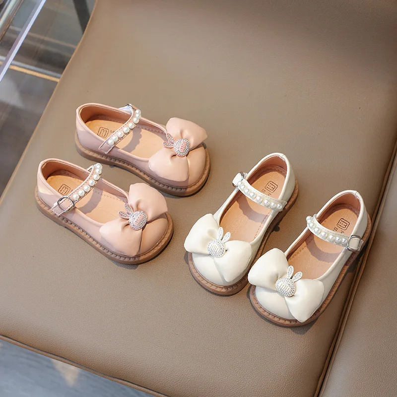 Kids Girls Big Bow Rhinestone Bunny Pearl Mary Jane Flats Soft Leather Anti Slip Sole Toddler Girls Party Princess Dress Shoes