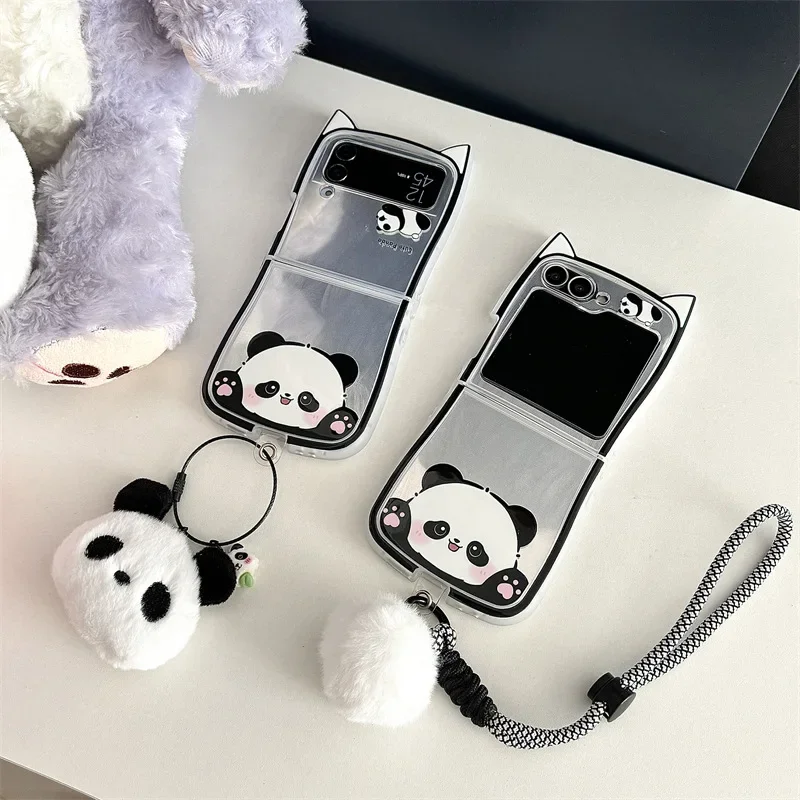 

Plush Panda Pendant Phone Case for Samsung Galaxy Z Flip 6 5 4 3 Protective Back Cover for ZFlip4 ZFlip5 ZFlip6 Case