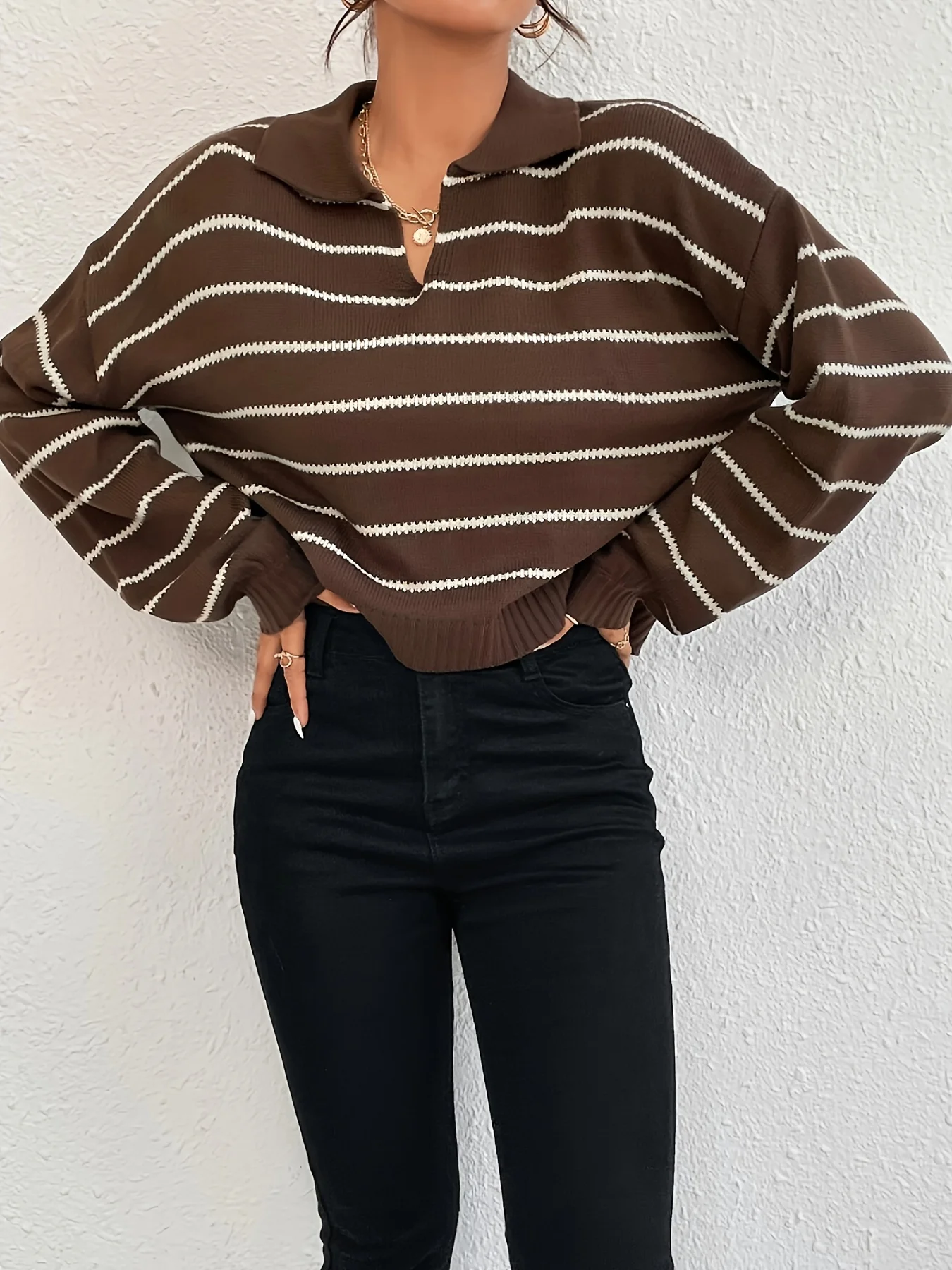 

2024 new casual and versatile striped dropped-sleeve pullover sweater