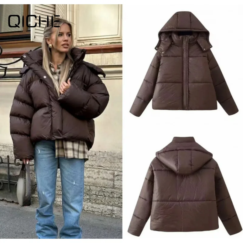 QICHE 2026 Winter Outerwear, Ladies Solid Stand Collar Detachable Hood Thickened Long Sleeve Puffer Coat