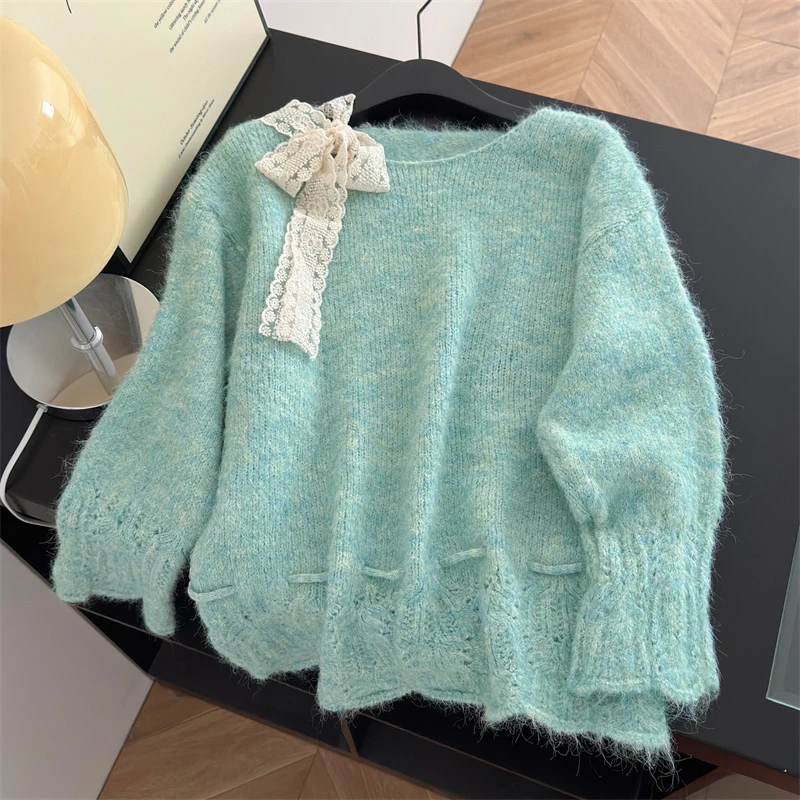 Кружевной ажурный вязаный свитер, фиолетовый, с длинным рукавом, женская одежда, свободный повседневный трикотаж с поясом и тонкой талией, вязаный джемпер