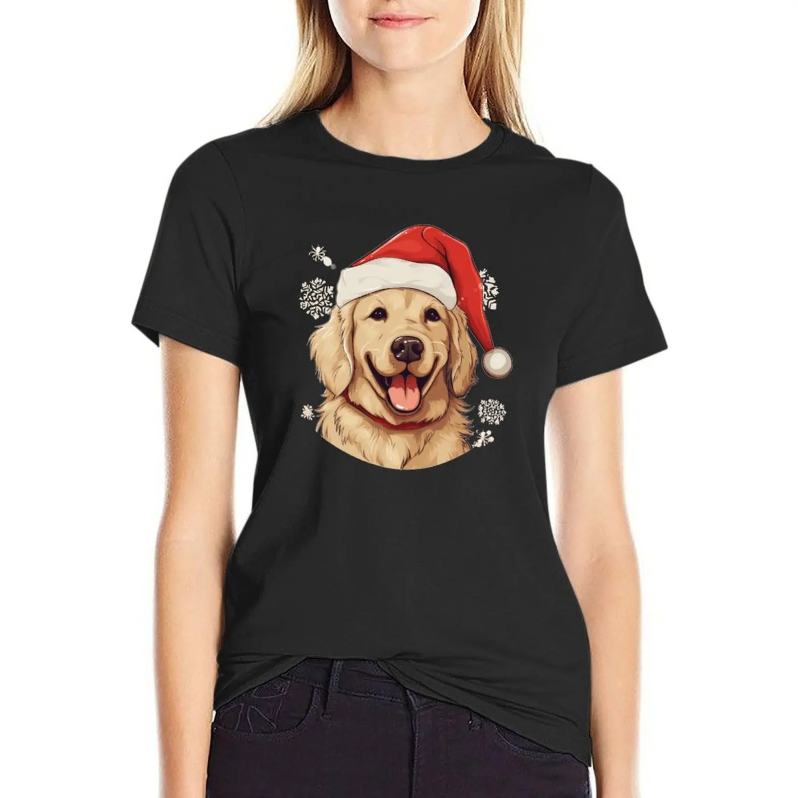 

Happy Golden Retriever with a Santa hat T-Shirt female Aesthetic clothing quick drying Women's t-shirt