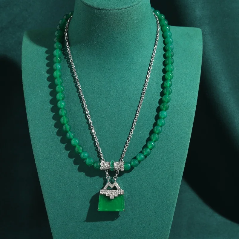 

Vintage Silver Color Glass Green Layered Necklace Pendent Rectangle Beads Chain Women 2026 New Mother's Day Charm Jewelry Luxury