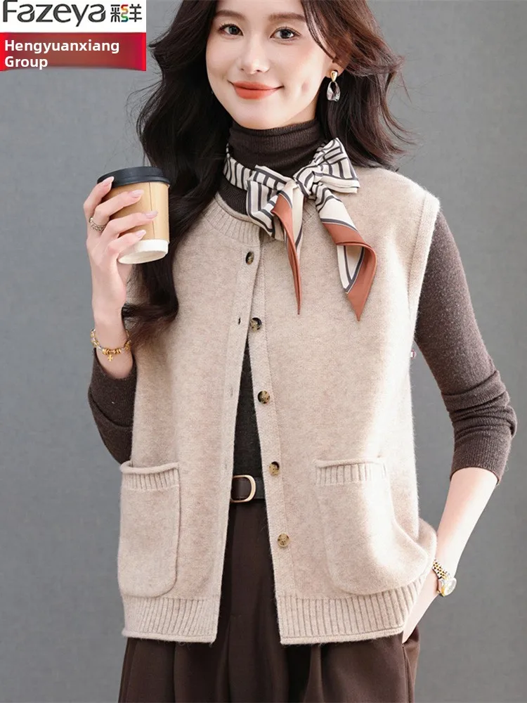 

Теплый вязаный шерстяной жилет для женщин с круглым вырезом, повседневный стильный дизайн, модная верхняя одежда с карманами.