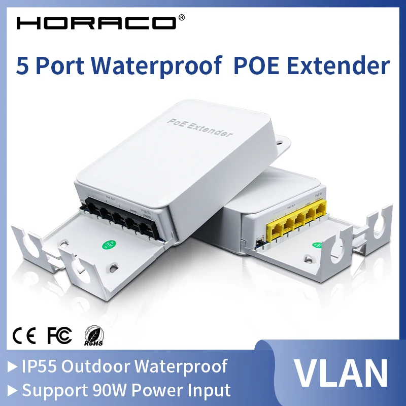 HORACO 5 Port Waterproof POE Extender 4 Port Repeater 100/1000Mbps Outdoor Network IP55 VLAN 44-57V for POE Camera Wierless AP