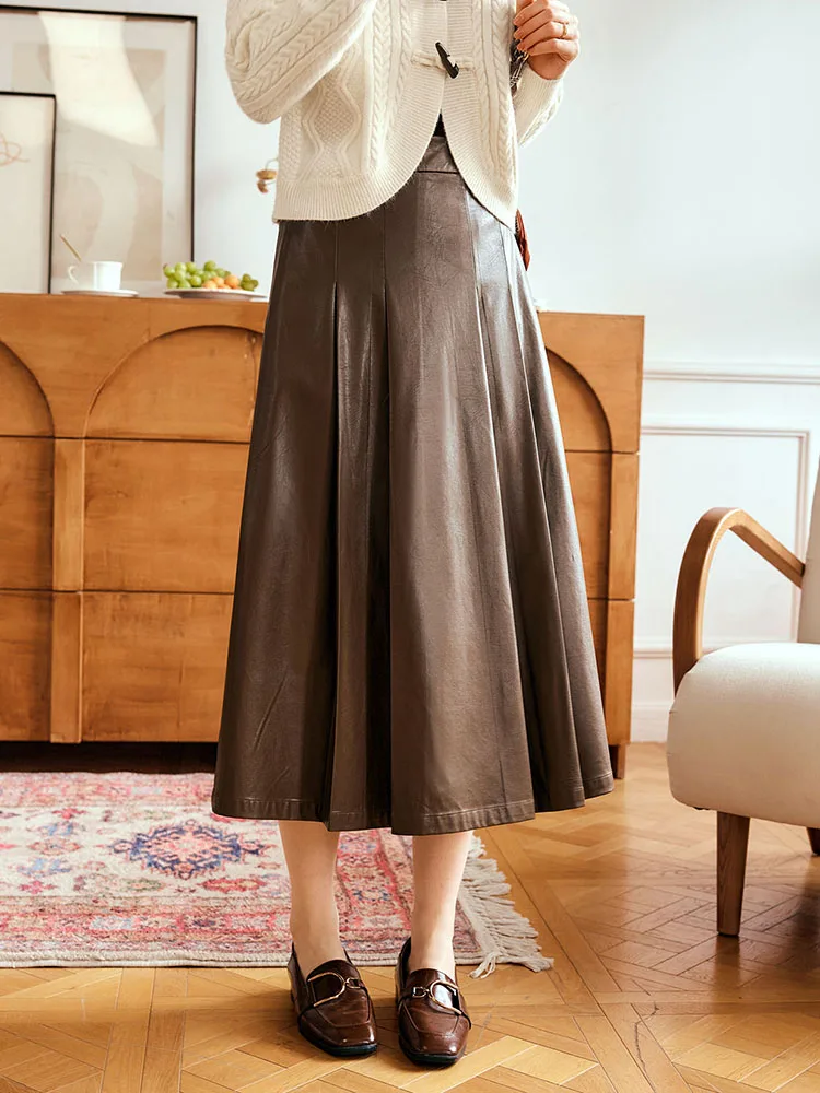 

OLrain женская плиссированная кожаная юбка, осень 2024, новая мода в стиле ретро с высокой талией, шикарная трапециевидная повседневная длинная юбка M56QB93563