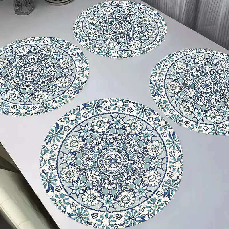 VIKAMA Fresh Blues Mandala Round Linen Placemats, Heat Resistant Wear-Resistant Washable for Dining Table Decor