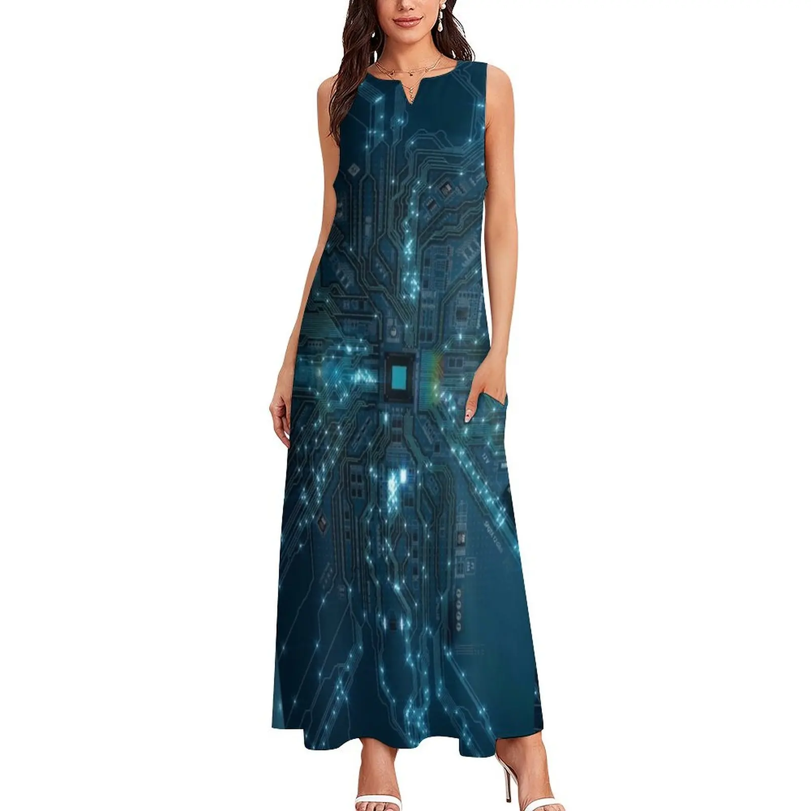 Glowing Lights Run Along The Paths Of The Future Ready Circuit Board Long Dress women evening dress dresses for women 2024