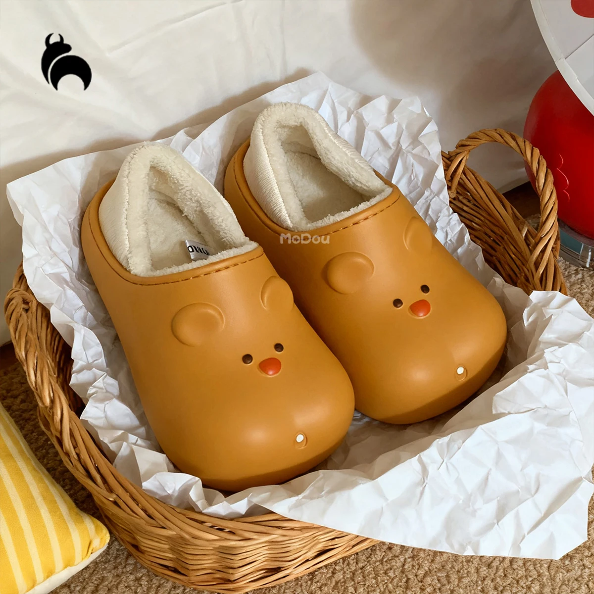 

Cute Bear Design Waterproof Slippers for Women, Warm Plush Lining Wrapped Heel Cotton Shoes, Non-Slip Indoor Outdoor Winter Shoes