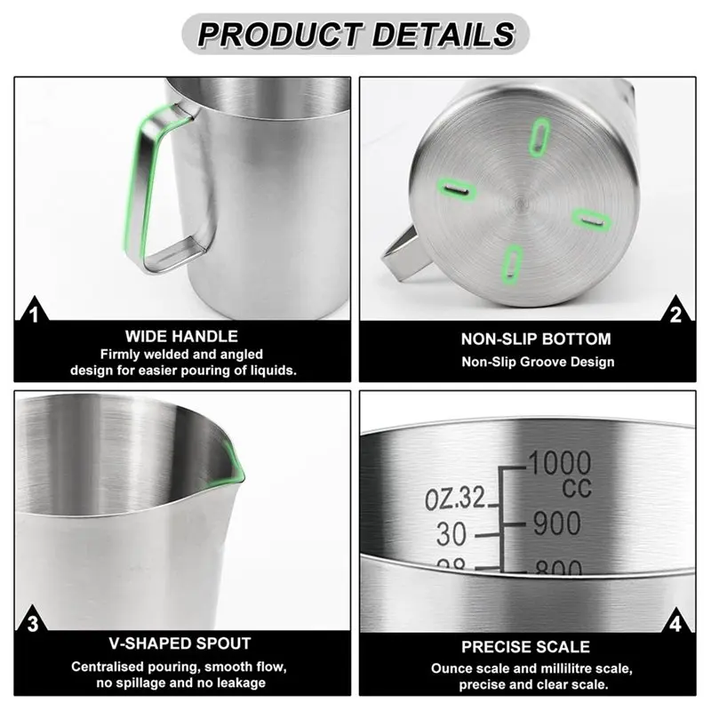 A7THK-4X Measuring Jug 1L Stainless Steel, Measuring Cup Metal With Handle, With Ounce And ML Scale, Dishwasher Safe, Milk Jug