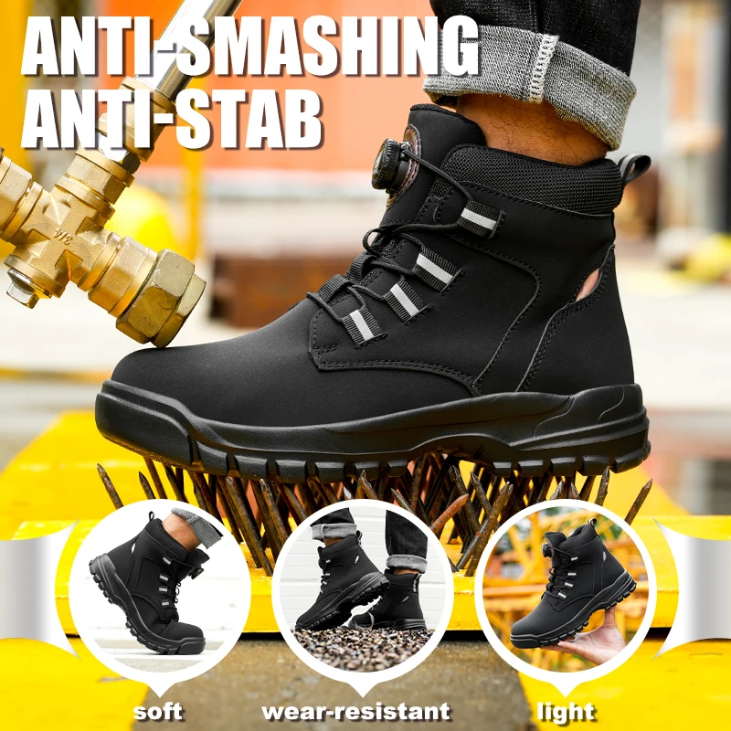 Rotating Button Puncture-proof Security Protective Shoes Lightweight Steel Toe Boots Waterproof Black Working Botas for Men