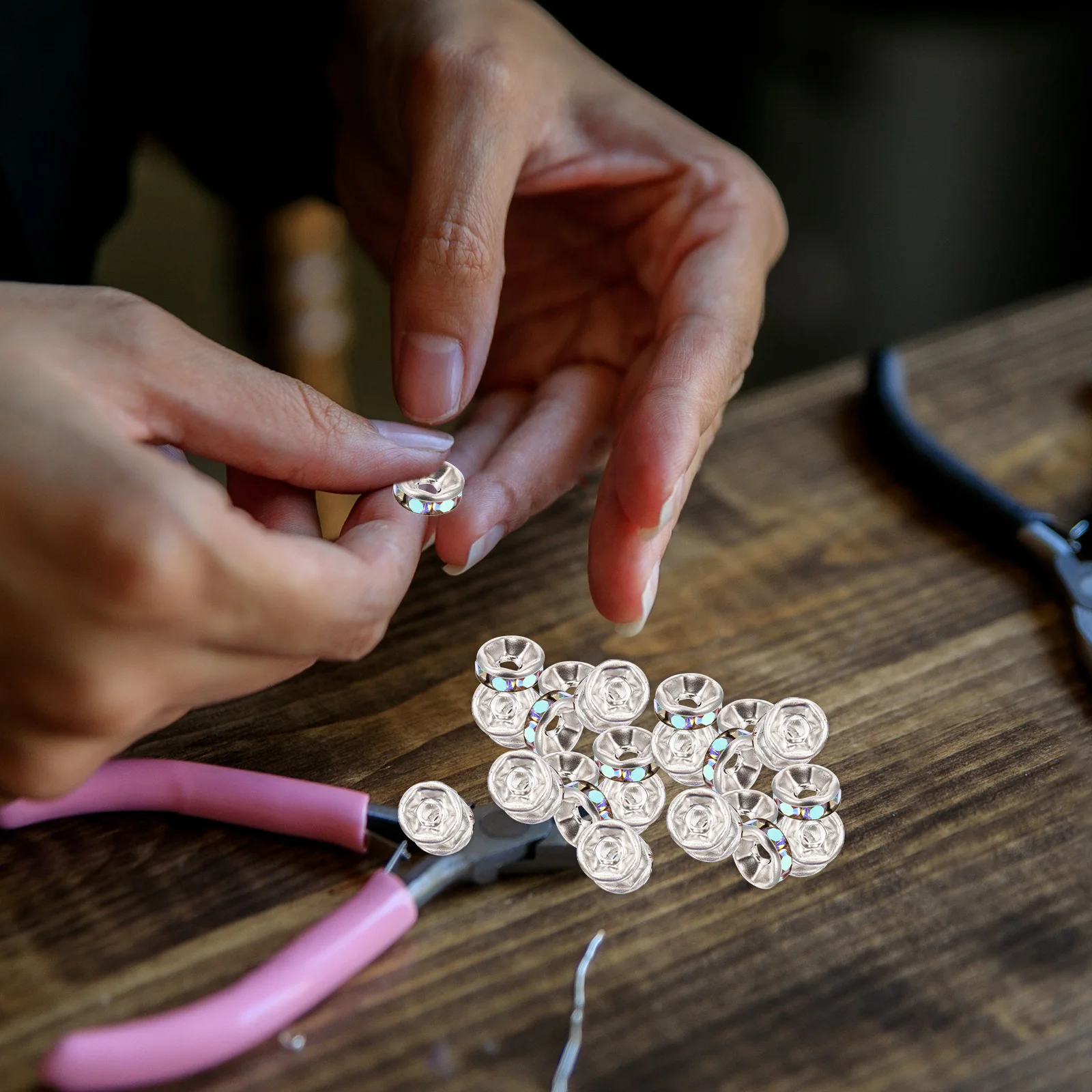 200pcs Alloy Spacer Beads Rhinestone Inlaid Craft Beads Diy Jewelry Making Bracelet Accessories Decorative Crafts Findings