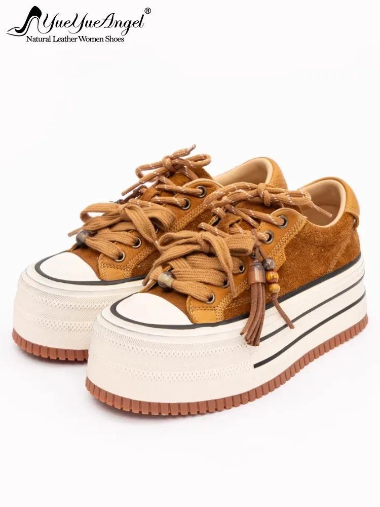Women Thick Platform Sneakers Beaded Tassel Vintage Casual Shoes Lace Up Round Toe Spring Genuine Leather Height Increase Pumps