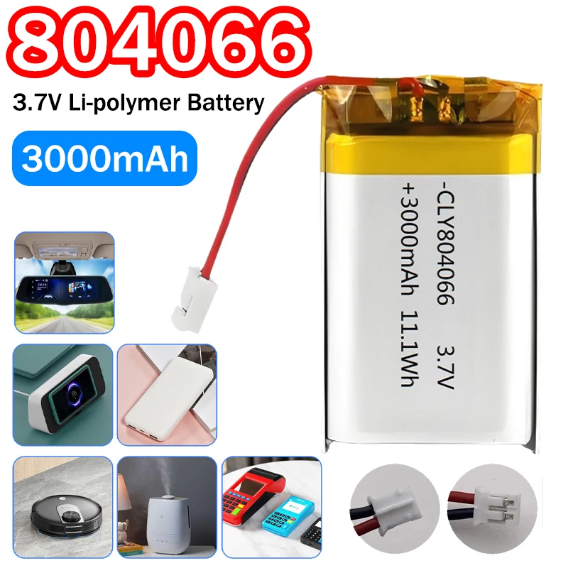 

3000mAh 804066 Li-Polymer Battery 3.7V Lithium Polymer Rechargeable Battery PH2.0 Plug for Open Source Console R36S Game Machine