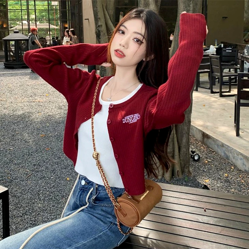 Wine Red Letter Embroidery Sweater Jackets Crop Top for Girls Slim Single Breasted Cardigan Winter Coat All-match Korean Fashion