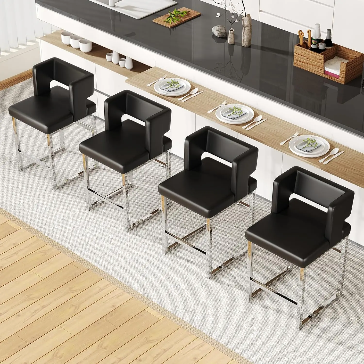 26in Counter Bar Stools Set of 4 Leather Cushion Back Metal Leg Kitchen Island Dining Office Black Silver, Customized