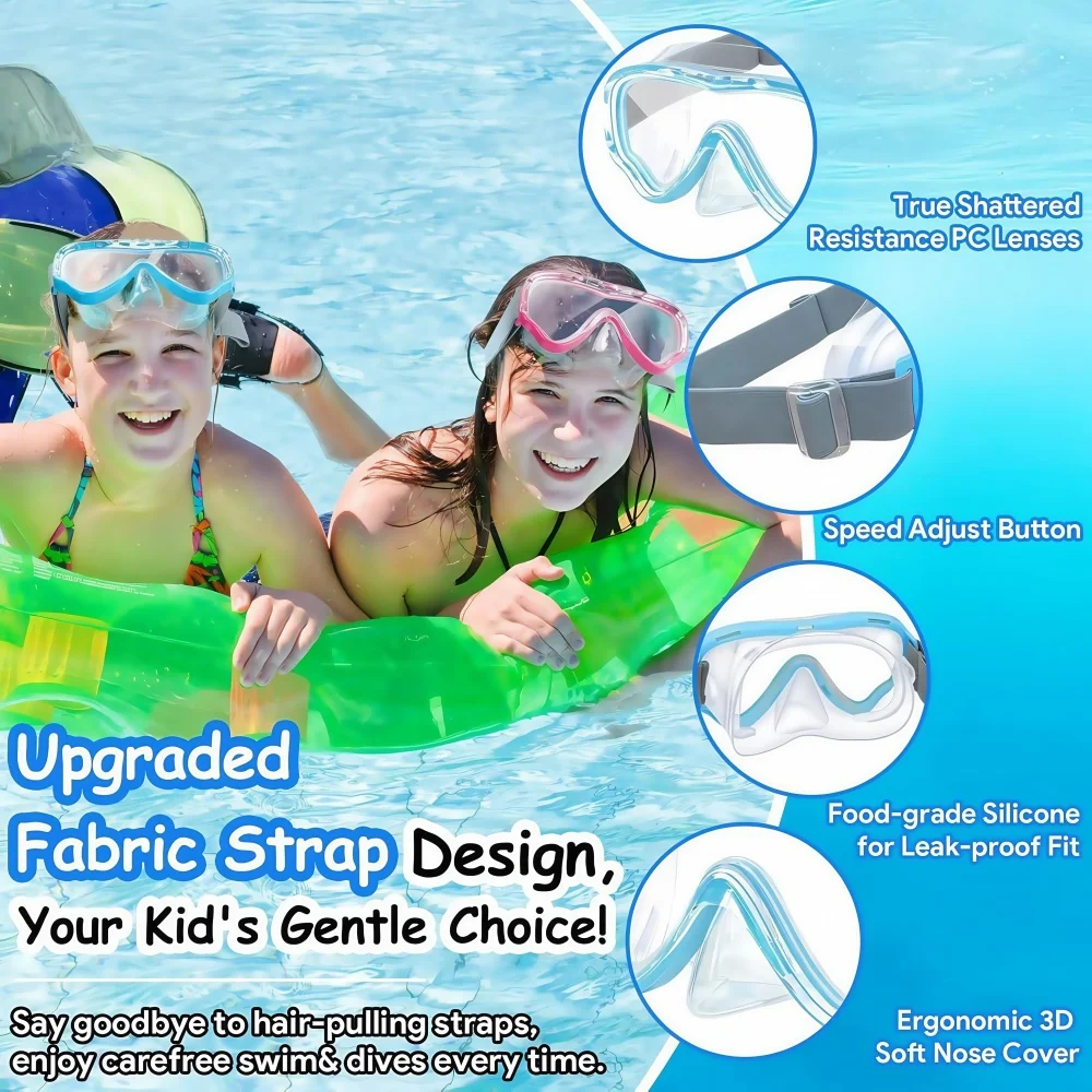 Kids Swim Goggles with Nose Cover Diving Mask Elastic Fabric Strap Anti Fog Anti Shattered Lens for Children 3-14 Years Old