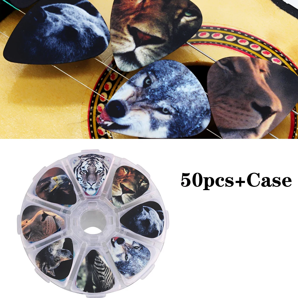 0,46/0,71/1,0mm SOACH mezclado 50 Uds paleta de guitarra púas de guitarra acústica ukelele accesorios de animales selección de estilo de dibujos animados con estuche
