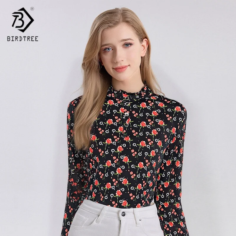 

Birdtree, от XL до 4XL, майка из 25% шелка с принтом, женская нижняя рубашка с воротником-стойкой, облегающий крой, осенний пуловер 2025 T5N609JF