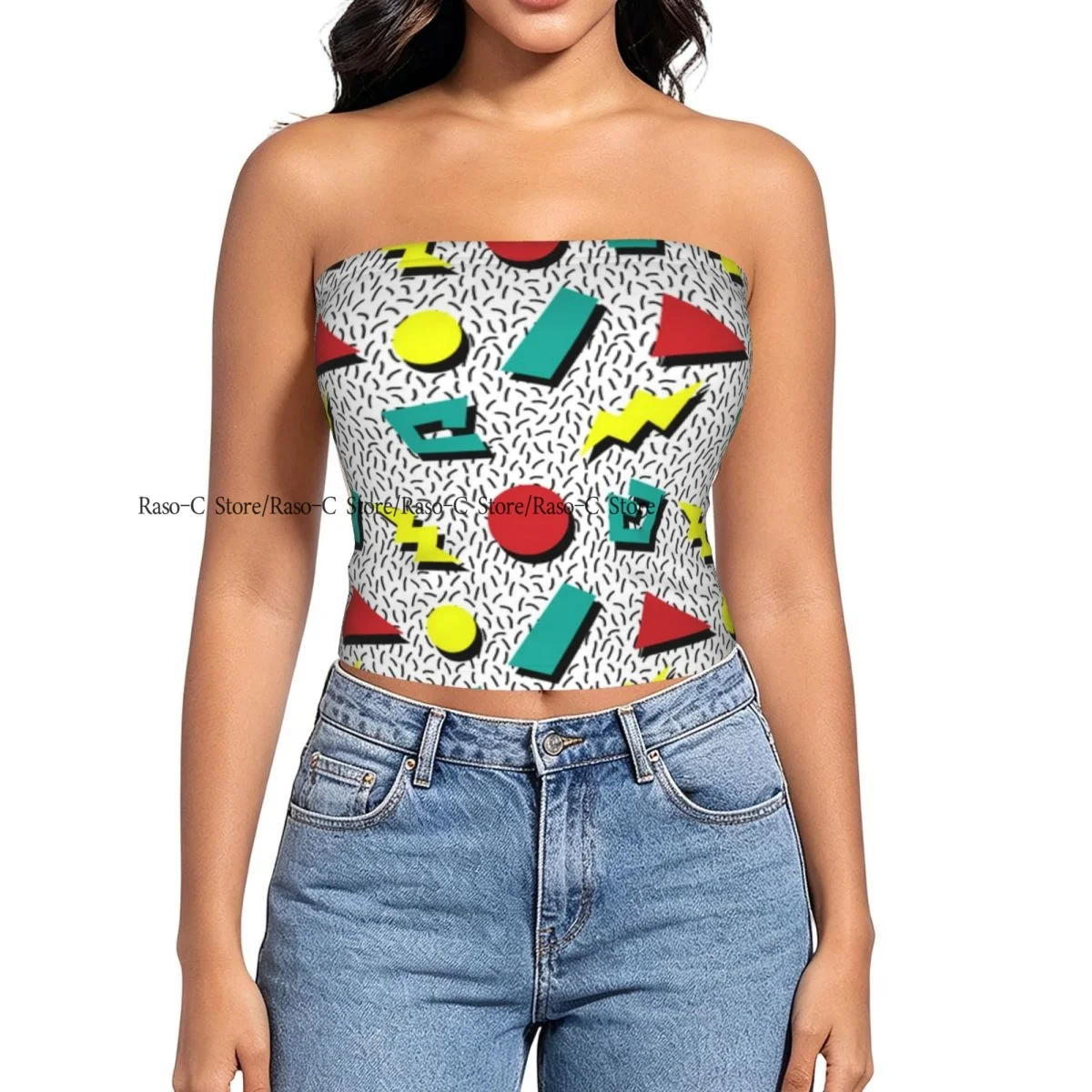 Women Block Crop Slim Tube Top Geometric Retro Memphis Style Strapless Top For Summer Female Clothing