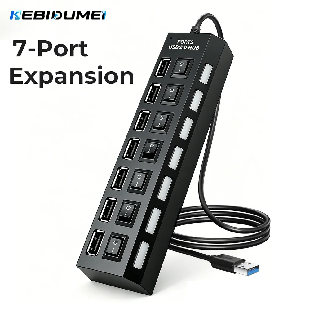 KEBIDUMEI 7 Ports USB HUB with Individual OFF/ON Switch USB Splitter High Speed OTG Adapter for KeyMouse Laptop Macbook Pro