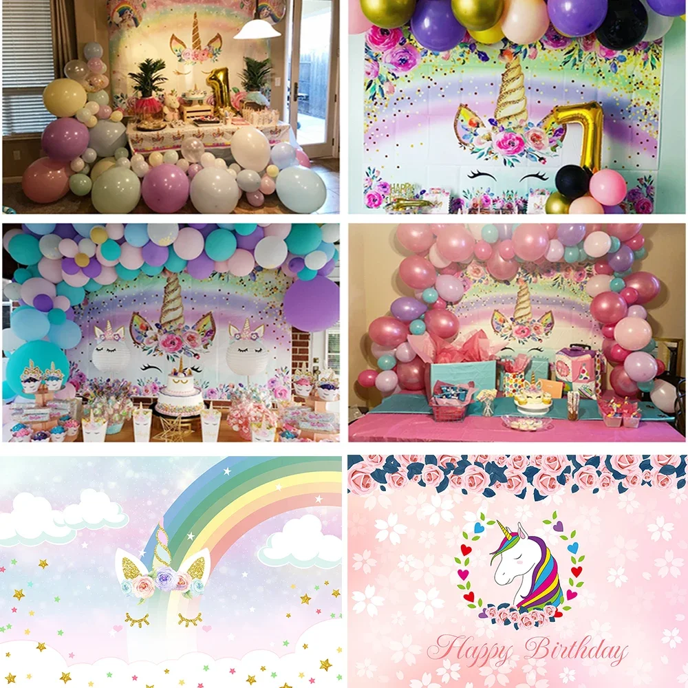 Unicorn Birthday Photography Backdrop Rainbow Newborn Baby Shower Background Decor Photocall Bokeh Glitter Colorful Photo Studio