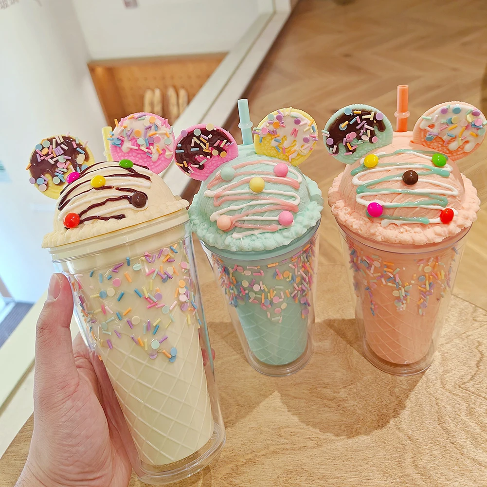 450 ml Mode Cartoon Eis Stroh Tasse Entzückende Kunststoff Bär Trinkbecher Mit Deckel Milch Tee Tasse Für Frauen mädchen Outdoor Home