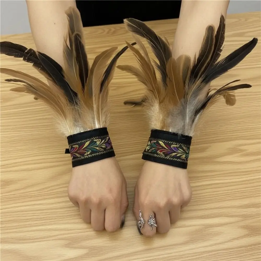 1 Piar Gothic Halloween Carnival Feather Wrist Cuff Adjustable Straps Embroidered Band Fluffy Feather Gloves Cuff Unisex