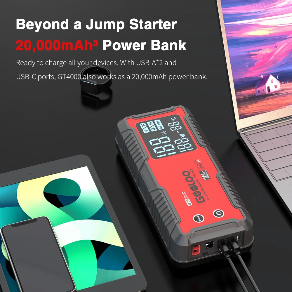 GOOLOO GT4000 Arctic Jump Starter with -40°F Battery Preheat Technology 4000A Peak Jump Box for 12L Gas & 10L Diesel - 100W Two-Way Fast Charging - 150W DC Output - Reliable Starts at -40°F